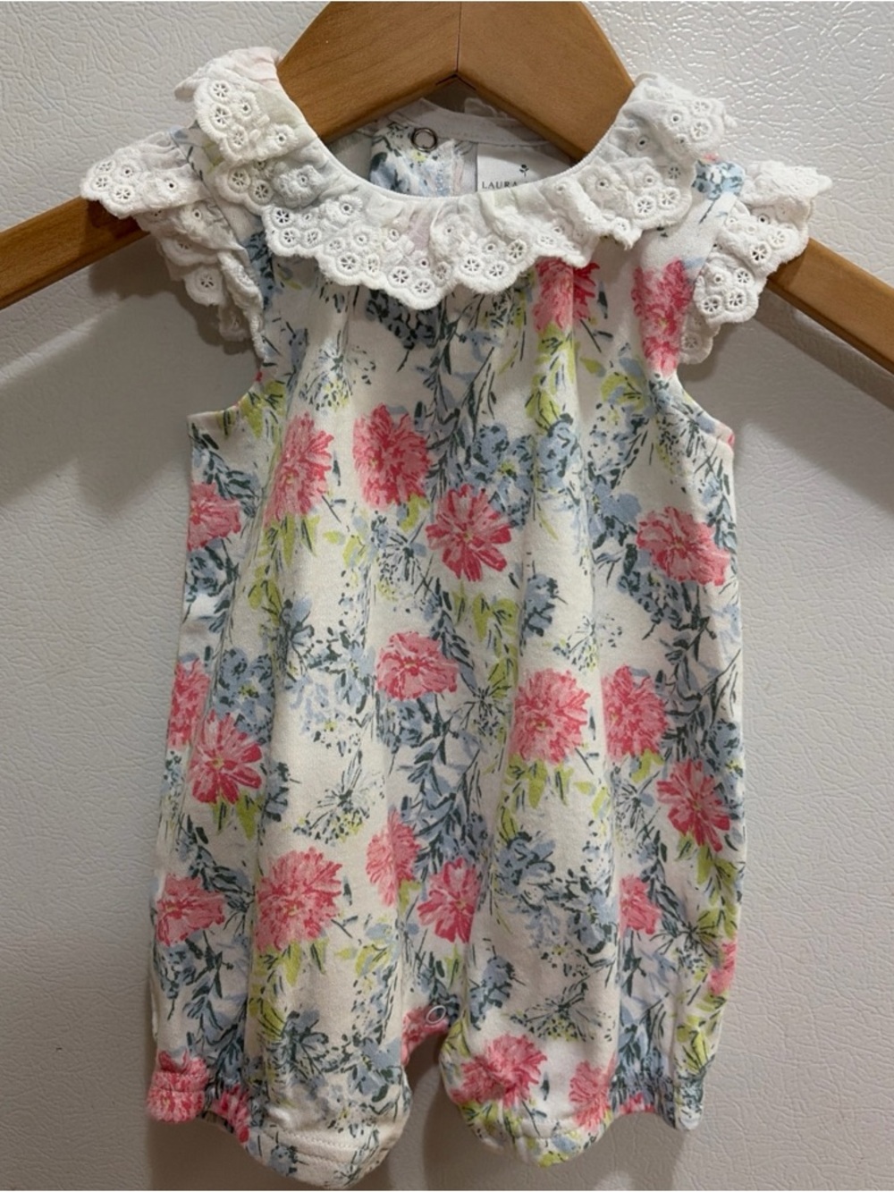 Laura Ashley Eyelet Collar Floral Baby Romper - Pink & Blue